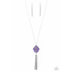 Paparazzi Malibu Mandala Purple Filigree Silver Tassel Long Necklace Earrings